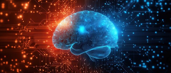 Wall Mural - abstract background with blue and orange polygonal brain on a dark circuit board, a illustration of 