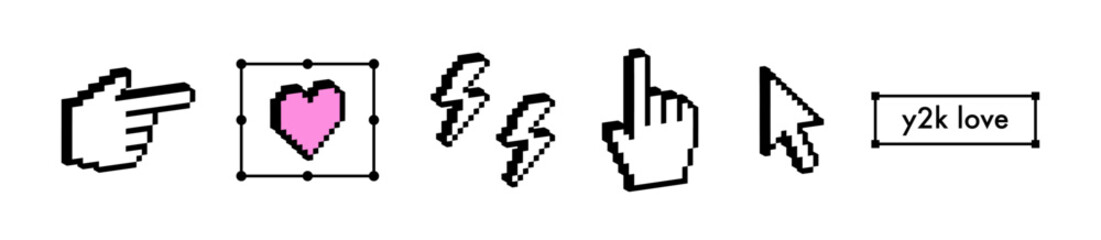 Y2k pointing finger, cursor sticker. Black geometric shapes isolated on white background. 3D hand gestures icon. Pixel art. Love heart trendy design element. 3D vintage social media icon emoji