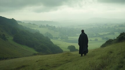 a man in a long coat stands on a hill, gazing over a vast valley below.