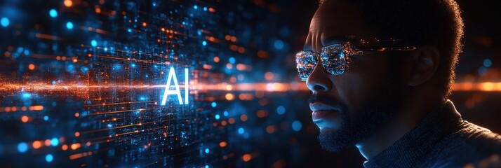 Exploring artificial intelligence concepts with a man on a dark blue background