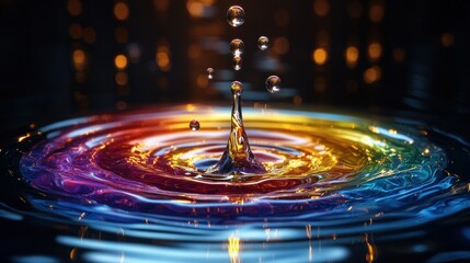 Wall Mural - Colorful water drop impact, dark bokeh background, vibrant ripple, abstract art