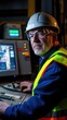 © NKTN - A man in a hard hat and safety vest stands confidently by a control panel, overseeing operations with a focused expression