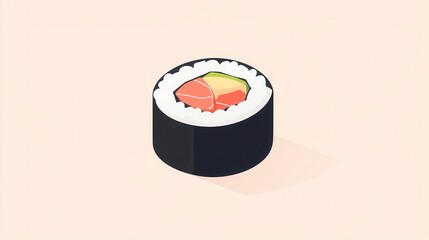 Poster - Delicious flat sushi roll illustrated in a clean minimal style with pastel tones perfect for Japanese food branding ideas