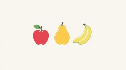 Poster - Minimalist fruit logo featuring abstract apple, pear, and banana in a modern design on a clean white background with soft shadows