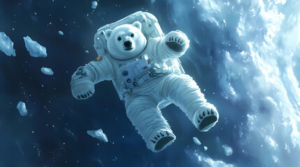 Wall Mural - Adorable cartoon polar bear astronaut floating in space. Glacial - Iceberg. Illustration