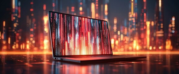 Laptop displaying code in futuristic city.