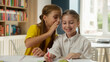 © Yuliia - Caucasian little funny kids children friends talking in school classroom studying together laughing girls tell secret whisper gossip have fun conversation schoolgirls pupils students education indoors