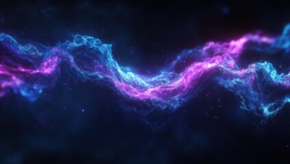 abstract swirling neon blue and purple energy wave on dark background.