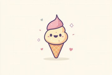 Poster - Charming flat minimalistic ice cream cone logo with pastel colors, designed playfully for a light hearted brand identity
