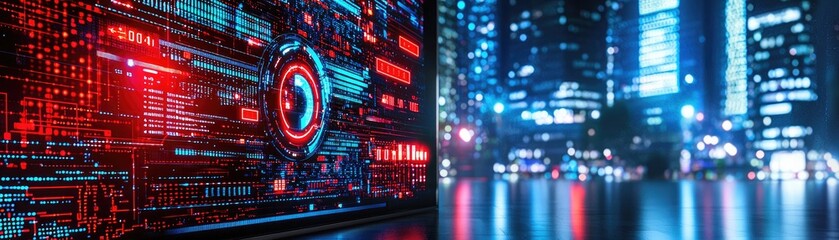 Tech interface processing data with city backdrop. Use for technology or IT concepts