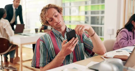 Poster - Bored, university and scroll with man and phone for research project, college news and learning app. Tired, scholarship application and mobile with person or student at school for classroom schedule