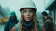 © SimpleDesignStudio - Determined Young Woman with Long Hair Wearing a Hard Hat in a Construction Site Setting Surrounded by Workers, Capturing the Spirit of Today's Females in Heavy Industry