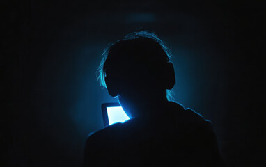 silhouette of a human in headphones sitting in front of a bright screen in the dark