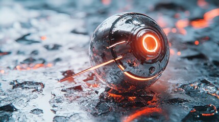 Futuristic metallic sphere with glowing red light on a rough surface.