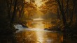 © harryaishi - Golden autumn sunlight on a calm river flowing through a misty forest.