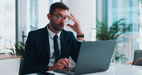 Aufkleber - Research, tired and man with laptop, business and browsing for interest rates with tech or accountant. Exhausted, bookkeeper and person with info for financial report, corporate and fatigue for work