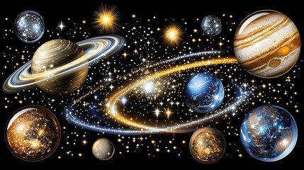 Wall Mural - Planets orbiting, glittering space. Celestial bodies in stellar alignment against dark, cosmic background