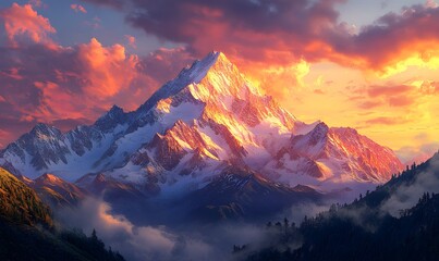 Wall Mural - Majestic Mountain Peak Bathed in Golden Light at Sunrise or Sunset