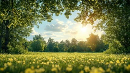 Wall Mural - Experience bliss in a scenic meadow, where lush trees meet a bright sky, perfect for a relaxing getaway.
