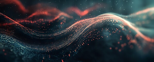 Aufkleber - Dynamic flowing wave patterns with glowing particles and technological abstract elements : Generative AI