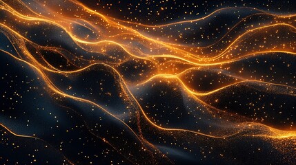 Aufkleber - Flowing waves of glowing particles creating an abstract golden landscape of light and color : Generative AI