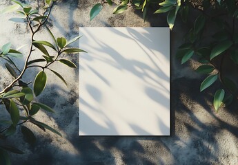 Aufkleber - Blank canvas framed with vibrant green leaves and soft shadows on rustic stone background : Generative AI