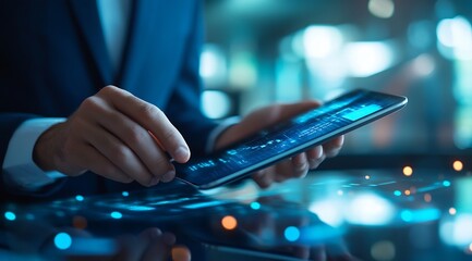 Aufkleber - Executive using tablet to track analytics and financial data in an illuminated office space : Generative AI