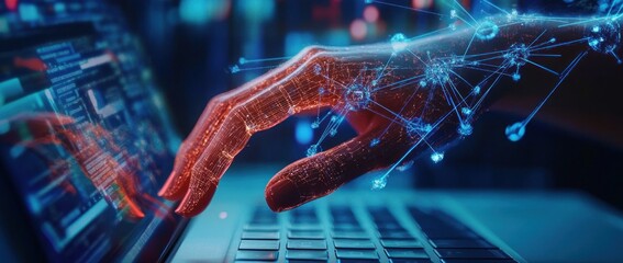 AI hand interacts with digital data on laptop.