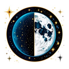Poster - half moon surrounded by stars in a minimalist graphic design capturing the enchantment of the night 