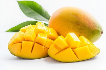 Poster - Fresh sliced mango fruit on a white background showcasing vibrant colors and rich texture : Generative AI