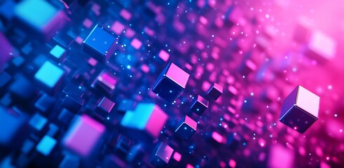 Leinwandbilder - Vibrant and colorful 3D digital background featuring floating cubes and sparkling particles in motion : Generative AI
