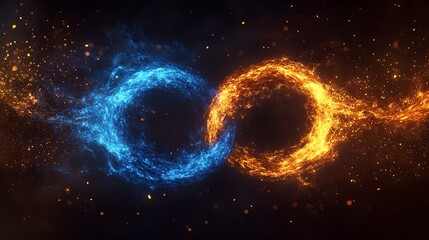 Leinwandbilder - Dynamic clash of blue and orange fiery particles creating a stunning visual contrast : Generative AI