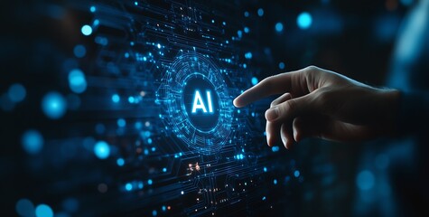 Leinwandbilder - Closeup view of a hand engaging with an illuminated AI interface showcasing hightech digital connections : Generative AI