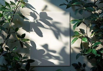 Fototapete - White empty canvas surrounded by lush green leaves and subtle shadow play : Generative AI