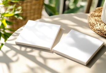 Fototapete - Two square blank sheets of paper placed on a light surface surrounded by natural shadows and greenery : Generative AI