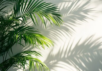 Leinwandbilder - Lush Green Palm Leaves Casting Intriguing Shadows on a Light Wall : Generative AI