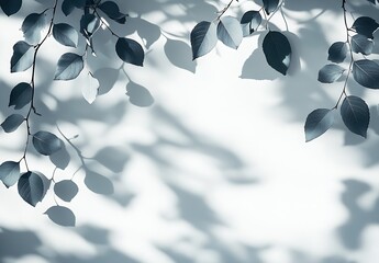 Poster - Vibrant image of leaves with intricate shadows against a soft blue background creating depth : Generative AI