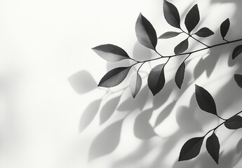 Poster - Elegant silhouettes of green leaves casting soft shadows on a pristine white background : Generative AI