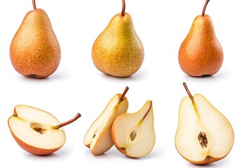 Poster - Assorted fresh pears arranged elegantly showcasing their delightful texture and color on a clean white background : Generative AI