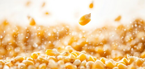 Poster - Dynamic splash of corn kernels soaring in the air against a blurred golden background : Generative AI