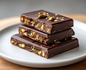 Aufkleber - Rich Dark Chocolate Bars Topped with Crunchy Pistachio Nuts on a White Plate : Generative AI