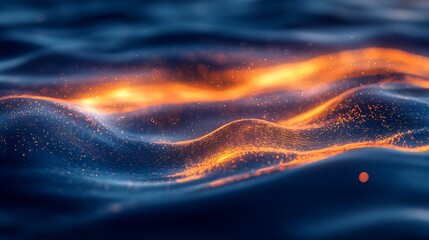 Fototapete - Dynamic ocean wave background with sparkling particles highlighted by warm colors of orange and blue : Generative AI