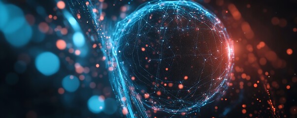 Poster - Energetic cosmic scene with bright glowing particles creating a 3D globe in a digital atmosphere : Generative AI