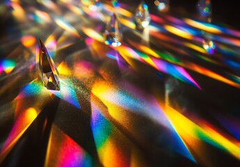 Leinwandbilder - Colorful light reflections created by glass prisms on a dark surface showcasing vibrant spectrum patterns : Generative AI