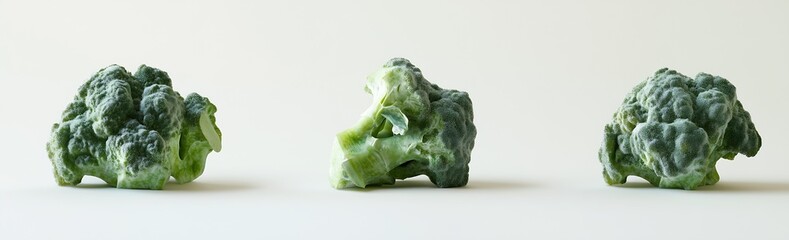 Poster - Fresh green broccoli in various stages of appearance arranged on a clean white surface : Generative AI