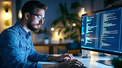 Skilled IT developer crafting code in a contemporary office setting.