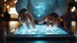© Generative AI - Professional fingers navigating holographic screen on a tablet showcasing innovative data visualization and interaction features : Generative AI