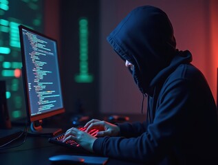 Hacker coding on computer keyboard with binary code in background