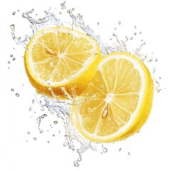 Aufkleber - Fresh and vibrant image of sliced lemons splashing into clear water creating refreshing droplets : Generative AI