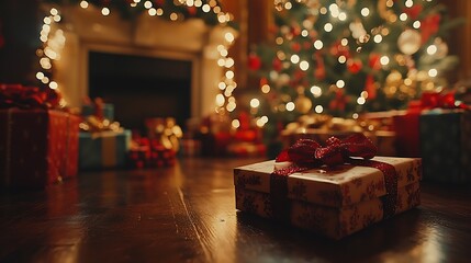 Aufkleber - Beautifully wrapped Christmas gift box in foreground with sparkling lights and festive tree ambiance : Generative AI
